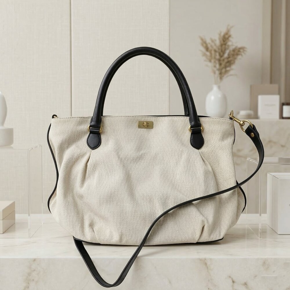 J. Crew Cream Canvas Tote with Black Leather Trim